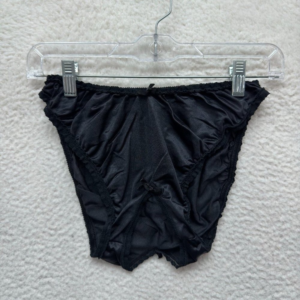 Vintage Sexy Crotchless Underwear Panty L Large Womens Black Nylon Bow USA